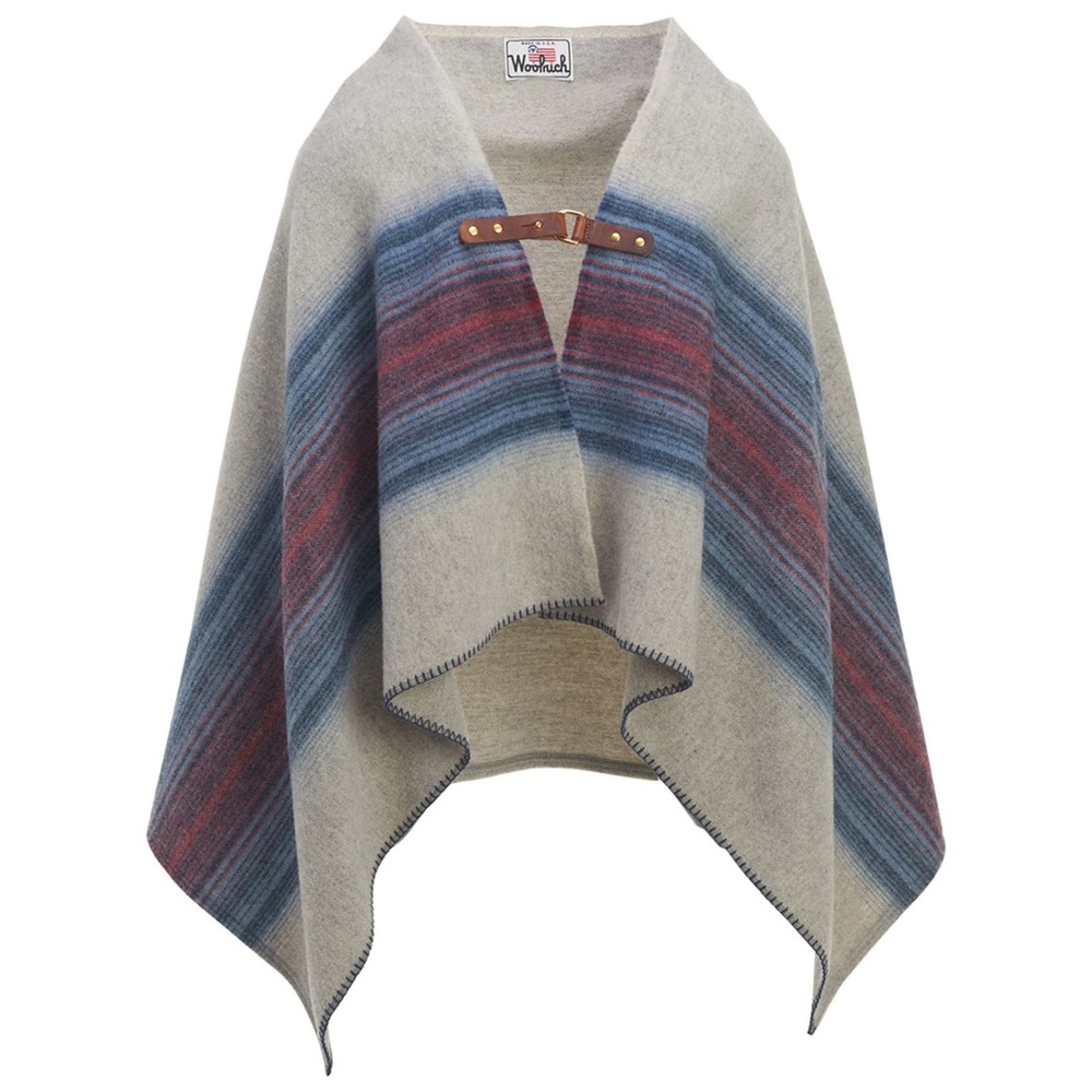 Woolrich Fireside Wool Poncho, Denim Stripe, One Size